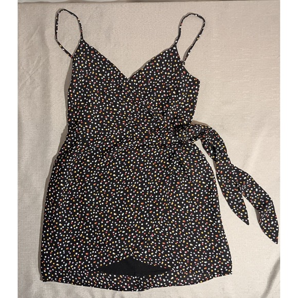 Reformation Troppo Confetti Black W/Colorful Polka Dots Wrap MINI Dress M SHORT! - Picture 3 of 10